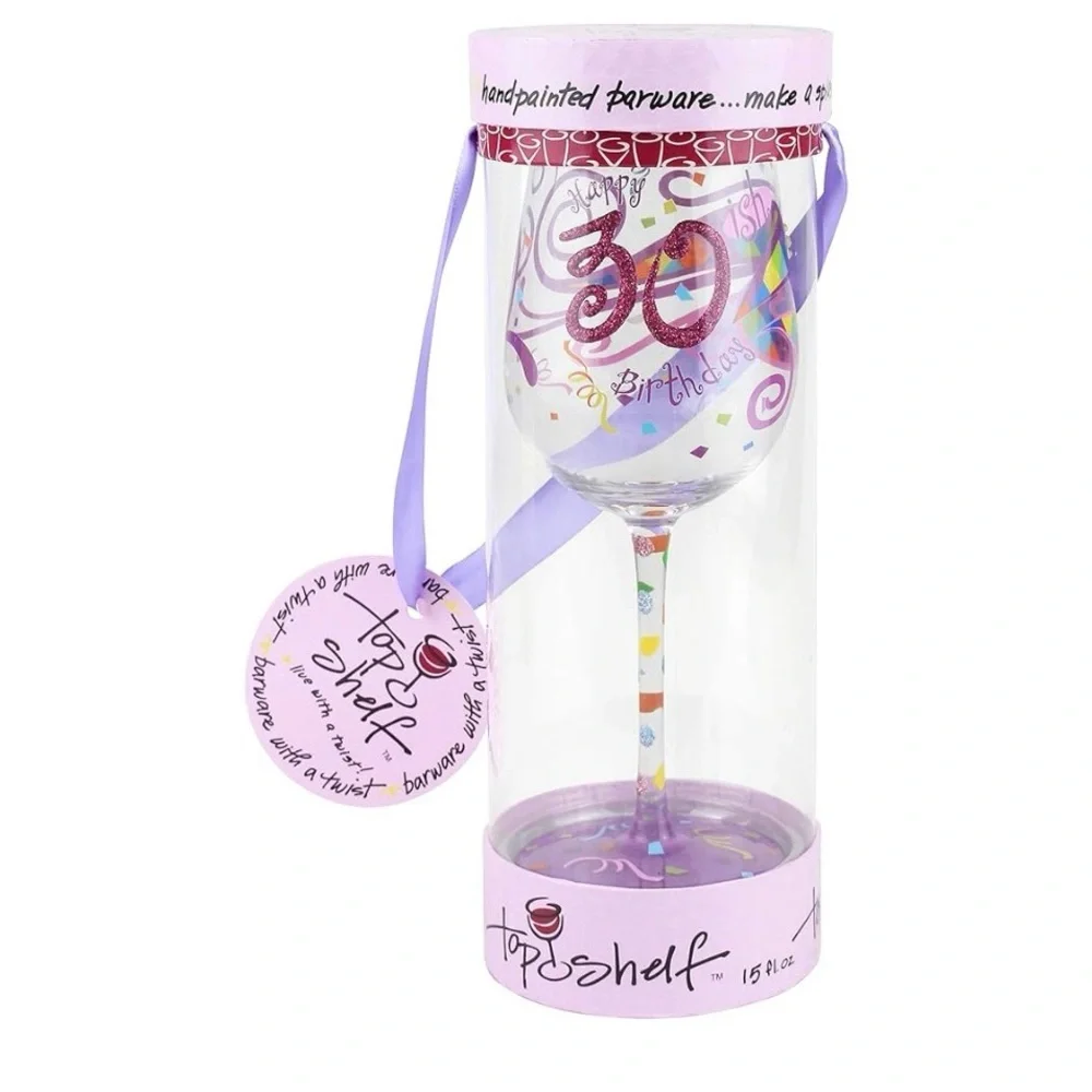 30ish Birthday Wine Glass with Purple and Pink Accents